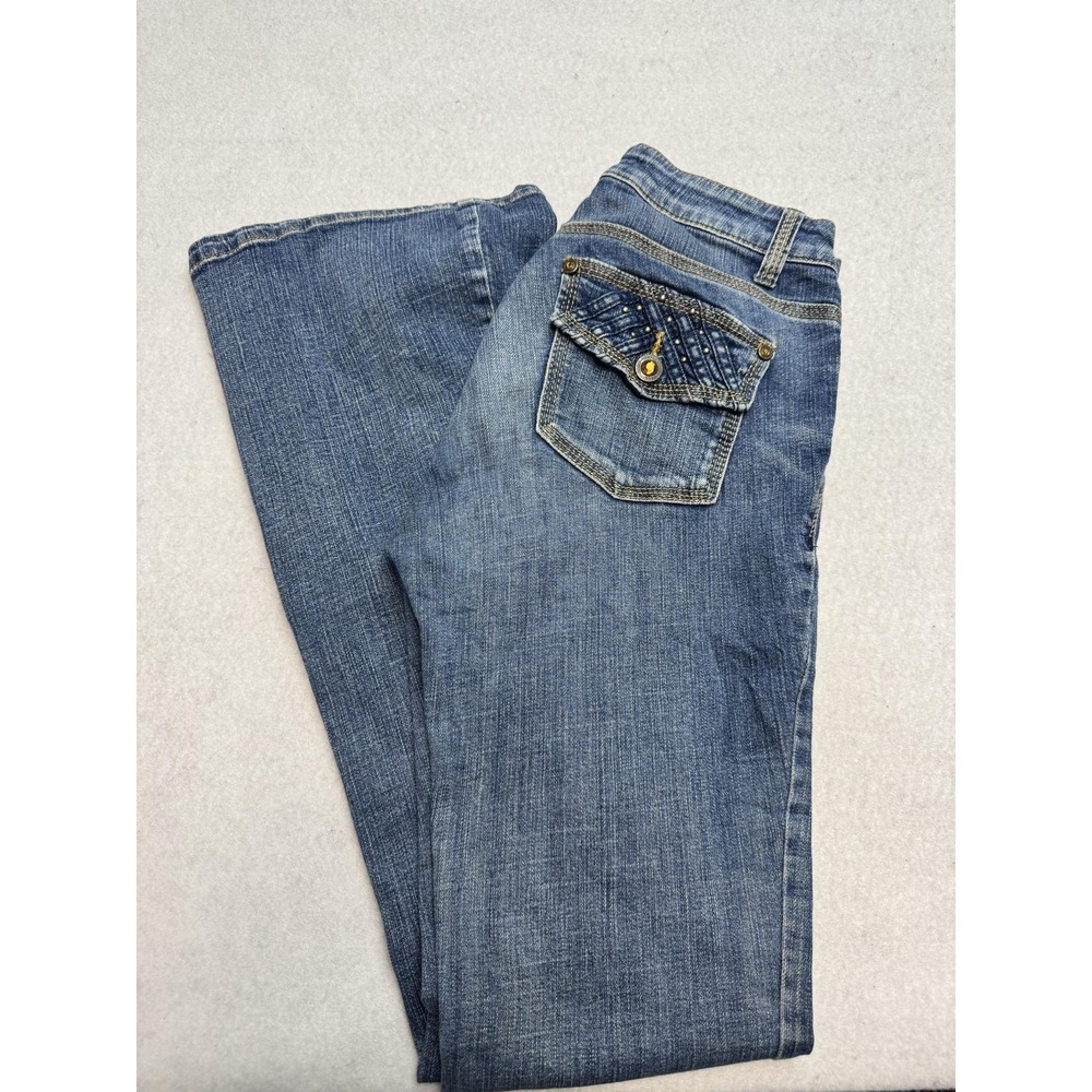 Caché Jeans Womens 0 Blue Medium Wash Low Rise Bootcut Studded Flap Pockets